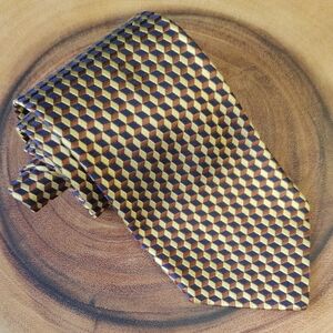 Zegna Geometric Cube Print Gold & Black w/Blue Hues Beautiful Men's Silk Tie
